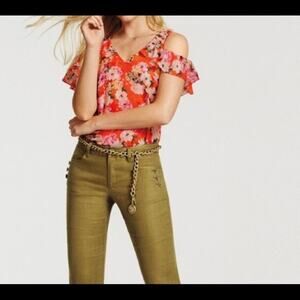 CAbi Lush Blouse Cold Shoulder Chiffon Layered Floral Orange Ruffle XS